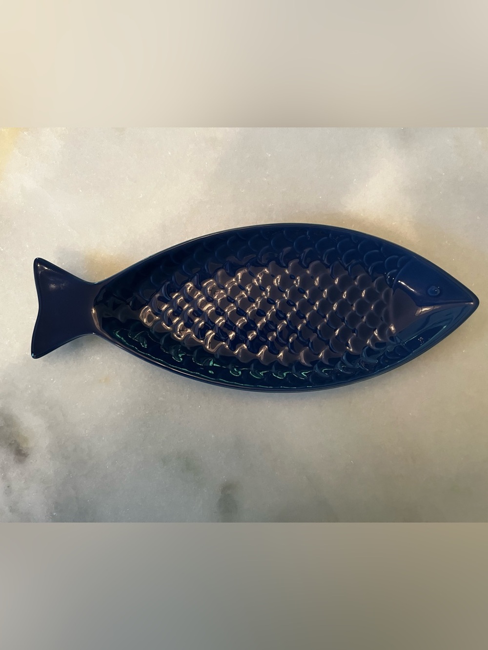 Crate & Barrel Cobalt Blue Ceramic Fish Spoon Rest Embossed Scales Discontinued